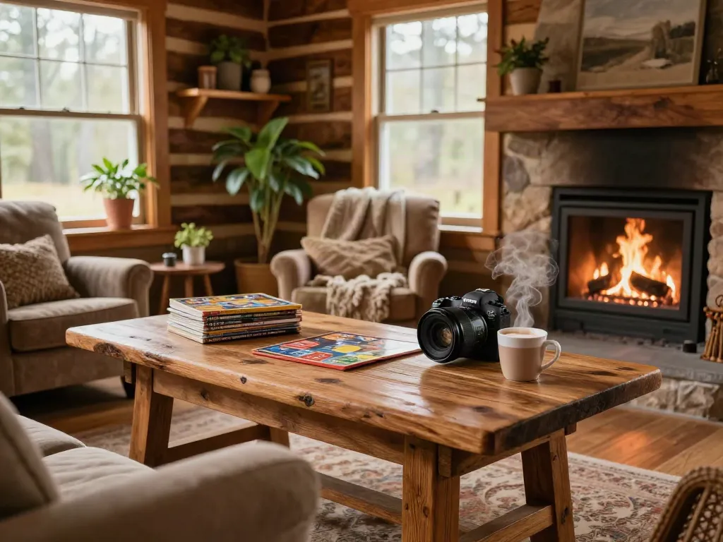 Cozy log cabin living room with rustic table, showcasing tabletoplog.org ambience.