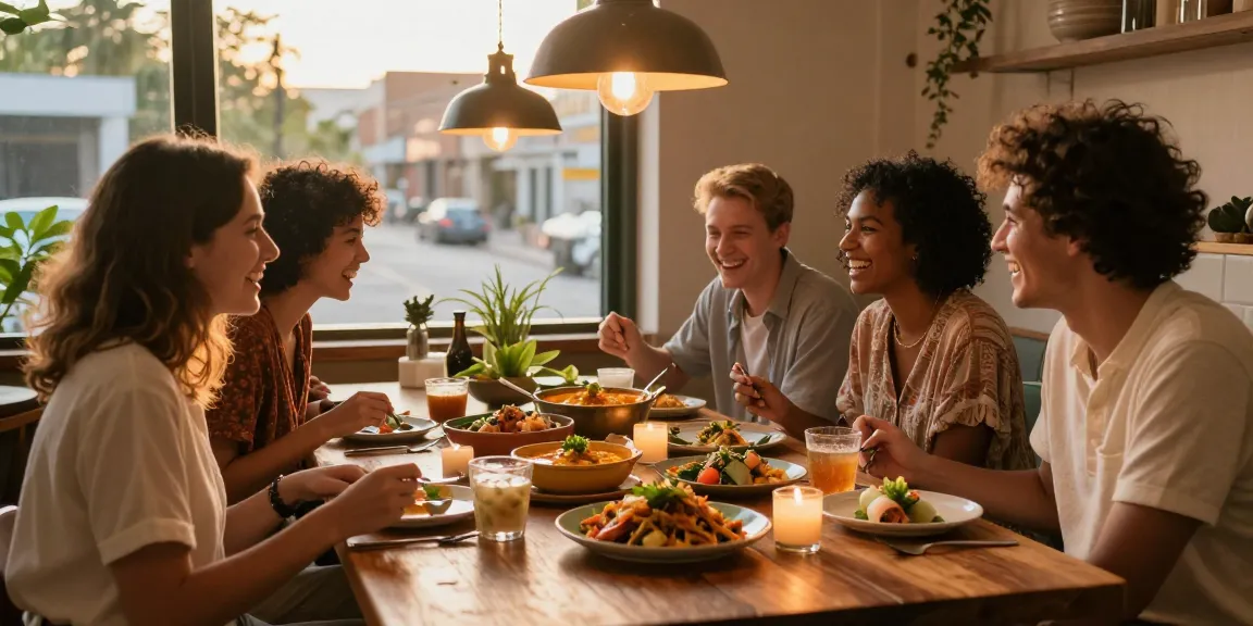 Kinalyrestaurant.com feature: vibrant dining experience with friends enjoying Thai dishes in a cozy restaurant.