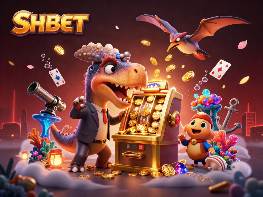 SHBET rewards players with jackpot wins as a dinosaur interacts with a slot machine in a vibrant casino scene.