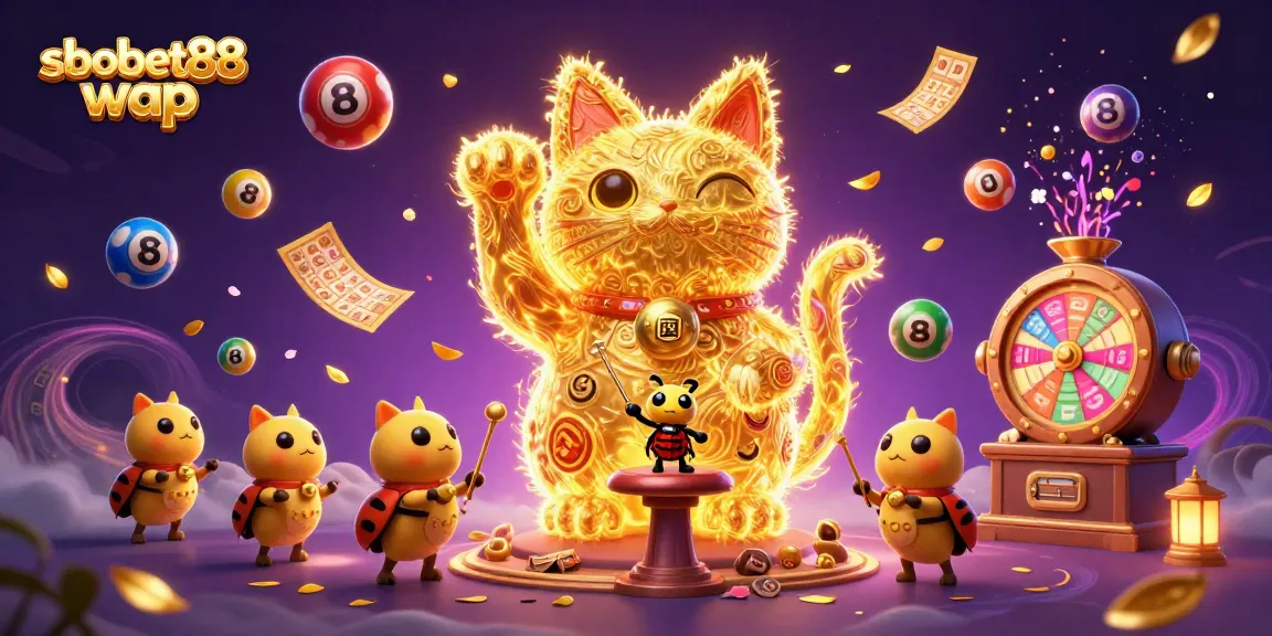 Engage in thrilling bets with sbobet88 wap, featuring a lucky cat and dynamic casino elements.