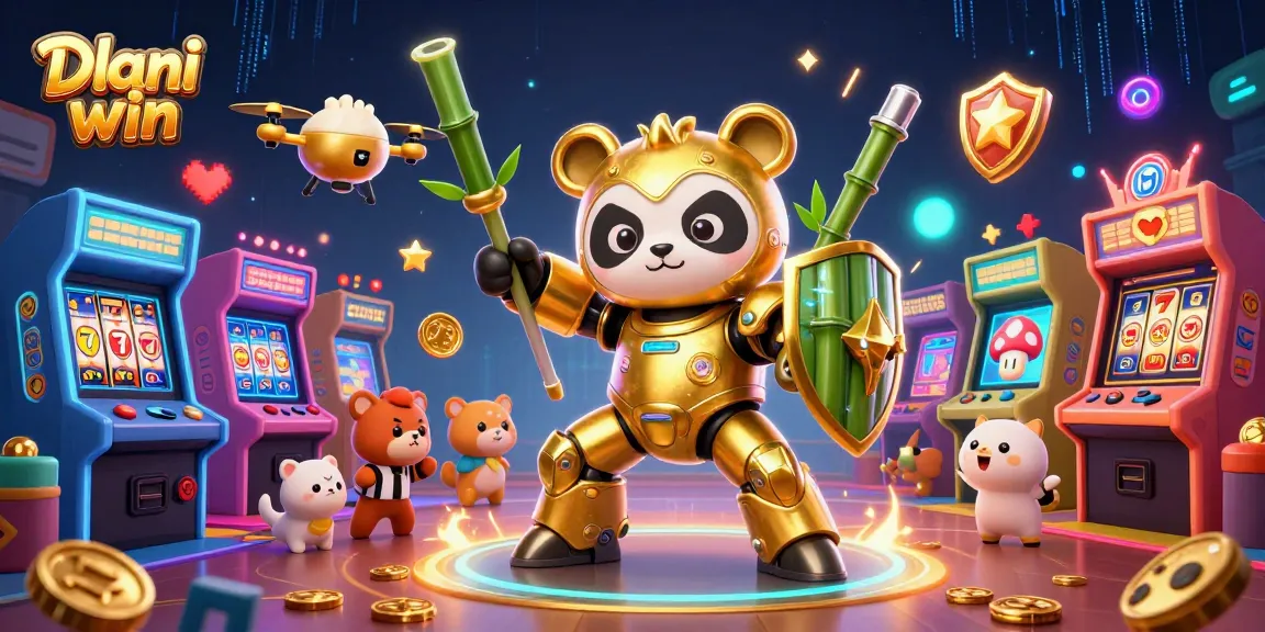 Dhani win gaming scene showcasing thrilling casino action with vibrant arcade elements and a dynamic mech-suit panda.
