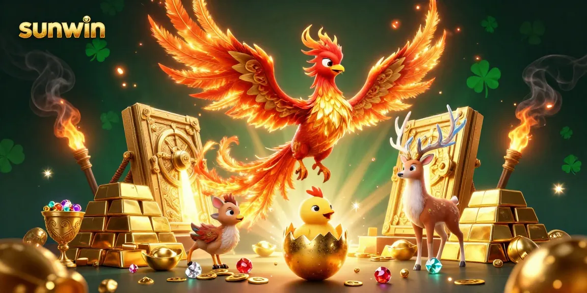 Engage with thrilling games at sunwin, featuring a vibrant illustration of a phoenix and jewels.